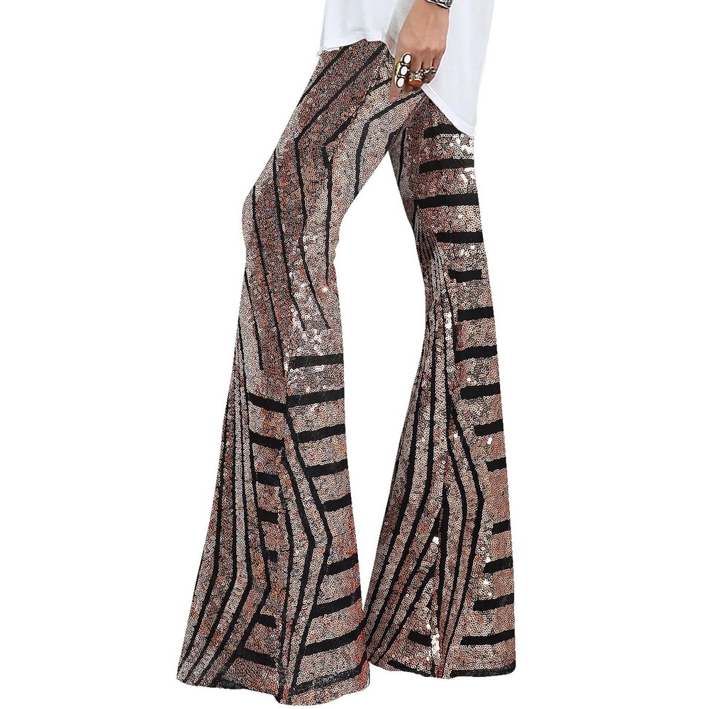 NWOT EVALESS Women's Sequin Wide Leg Flare Pants Brown Small